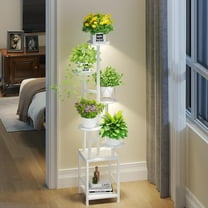 Plant Stand Indoor with Grow Light, 6-Tiered Tall Plant Stand Indoor, Metal Plant Shelf with Hanging Basket Hook and Adjustable Light, Ideal for Living Room, Garden, Round Patio white