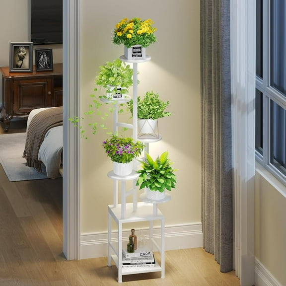 Plant Stand Indoor with Grow Light, 6-Tiered Tall Plant Stand Indoor, Metal Plant Shelf with Hanging Basket Hook and Adjustable Light, Ideal for Living Room, Garden, Round Patio white