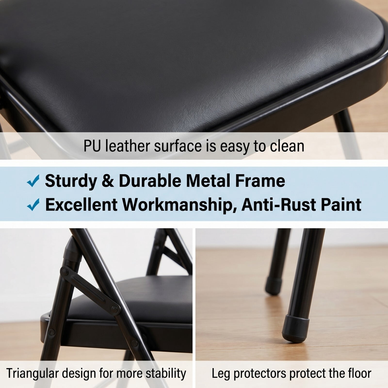 Kelno Folding Chair Set of 4 PU Leather Padded Guest Chairs with Lightweight Sturdy Metal Frame, Black