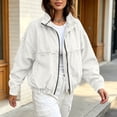 thumbnail image 6 of Sevevn Women's Zip Up Cropped Denim Jacket Stand Collar Elastic Hem Oversized Washed Jean Bomber Jacket with Pockets White L, 6 of 9