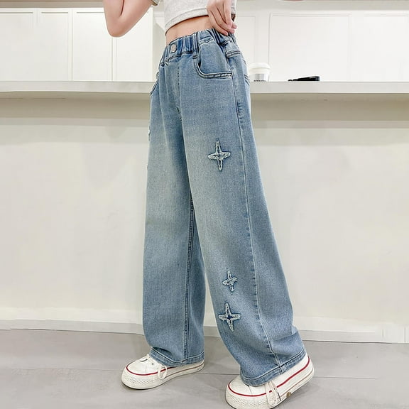 Kids Girls Baggy Jeans Denim Elastic Wasit Wide Leg Denim Pants Teen Clothing Kids Clothes Girls Size 9-10 Years Girls Fashion
