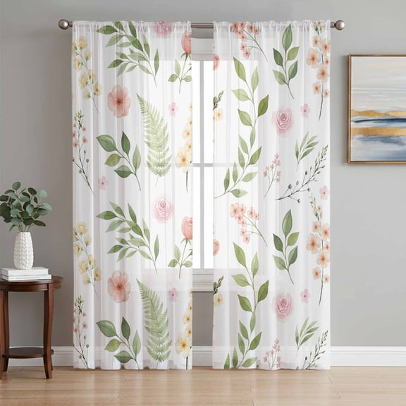 Sheer Curtains 63 Inch Length 2 Panels Set for Bedroom, Pink Green Botanical Semi Sheer Curtains for Windows, Spring Watercolor Floral Leaf Plant Voile Window Treatments Rod Pocket Curtain
