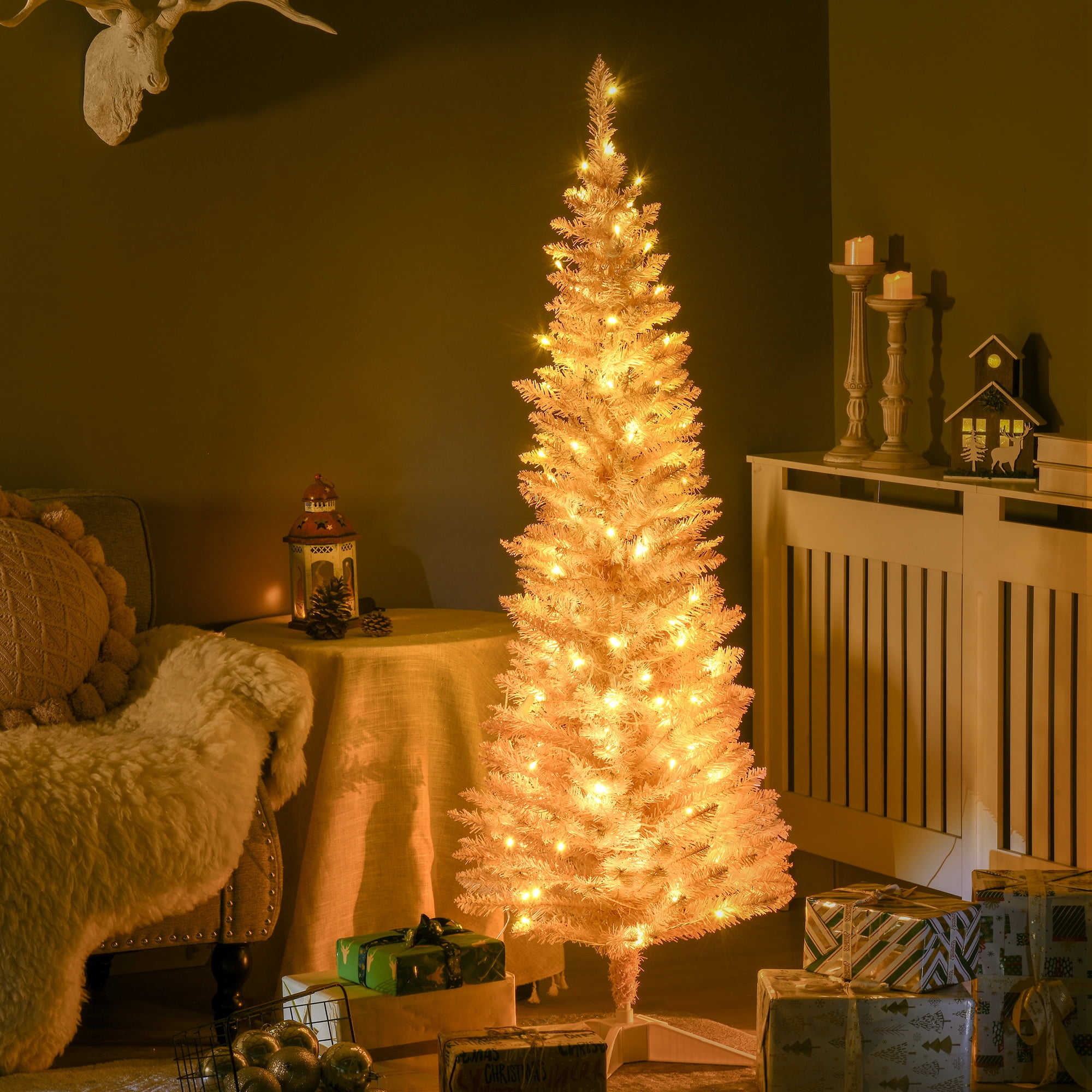 5 ft Pre-Lit Slim Artificial Christmas Tree with 110 Warm White LED Lights, Pink