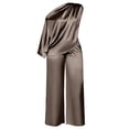 thumbnail image 5 of Pounoo Two Piece Sets for Women Satin Fabric Asymmetric Neck Short Sleeve Top Full Length Pants Elegant Style Daily Party Vacation Matching Outfits, 5 of 6