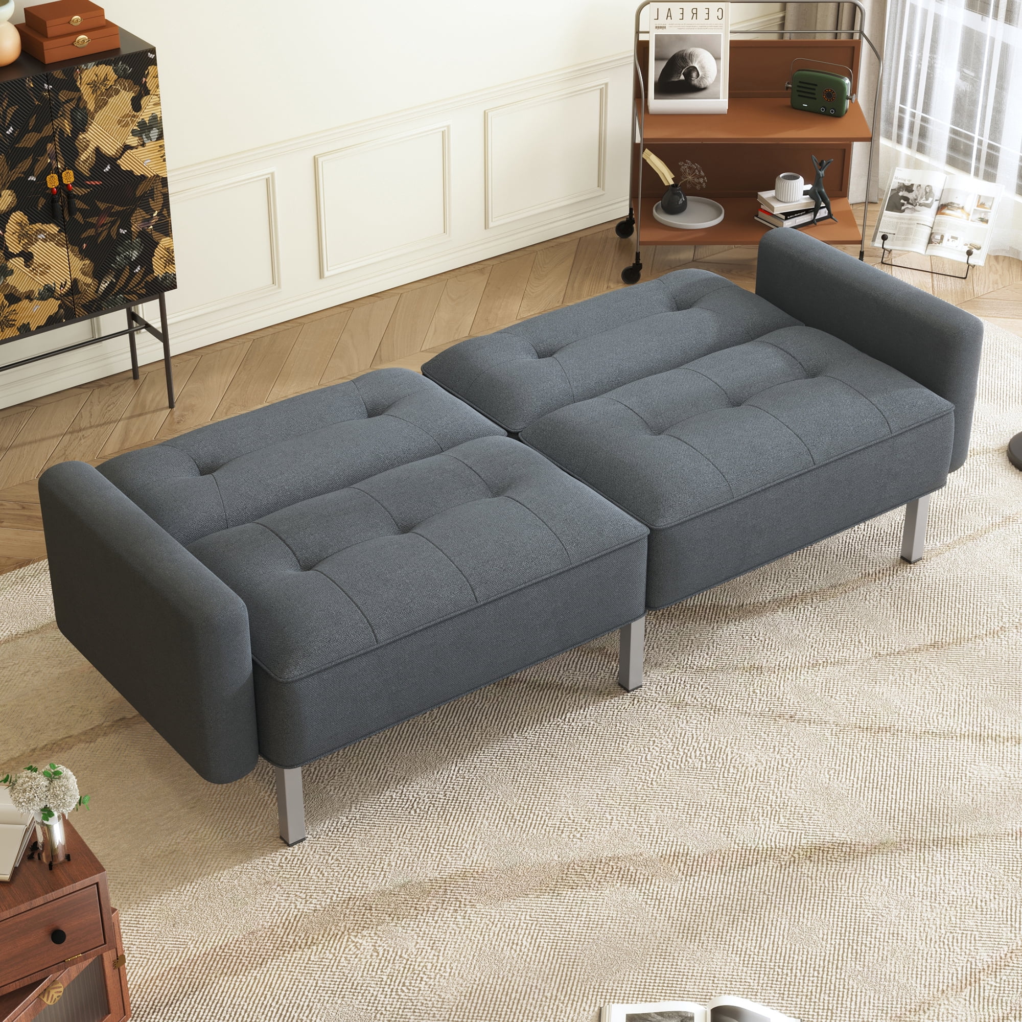 Aukfa 76" Futon Convertible Sofa Bed, Arm Couch for Home Office, 2 Pillows, Linen, Gray