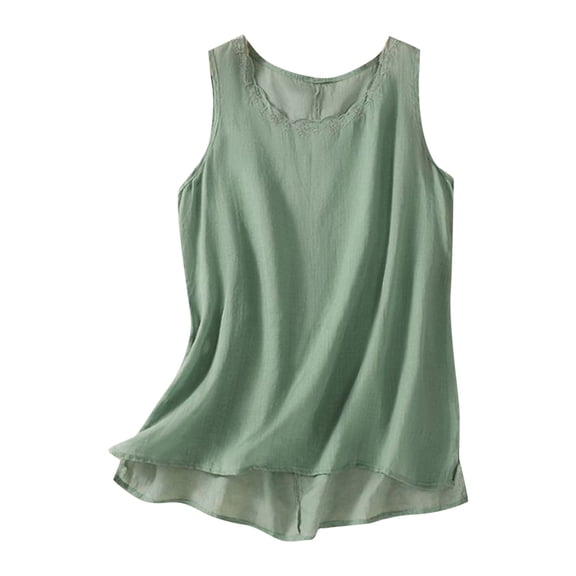 Staron Women Linen Lace Trim Round Neck Sleeveless Solid Basic Casual Vacation Beach Loose Tank Tops Blouse, Green 3XL