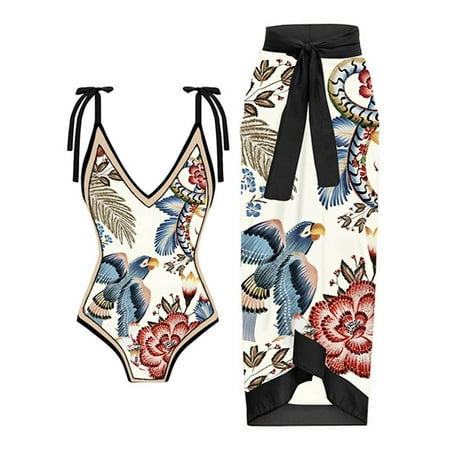 Jamicy Women s Swimsuit on Clearance Vintage Printed Swimwear Conservative Swimwear Women s Printed Beach Skirt Set Full Coverage Bikini Wrap Skirt Cover Up