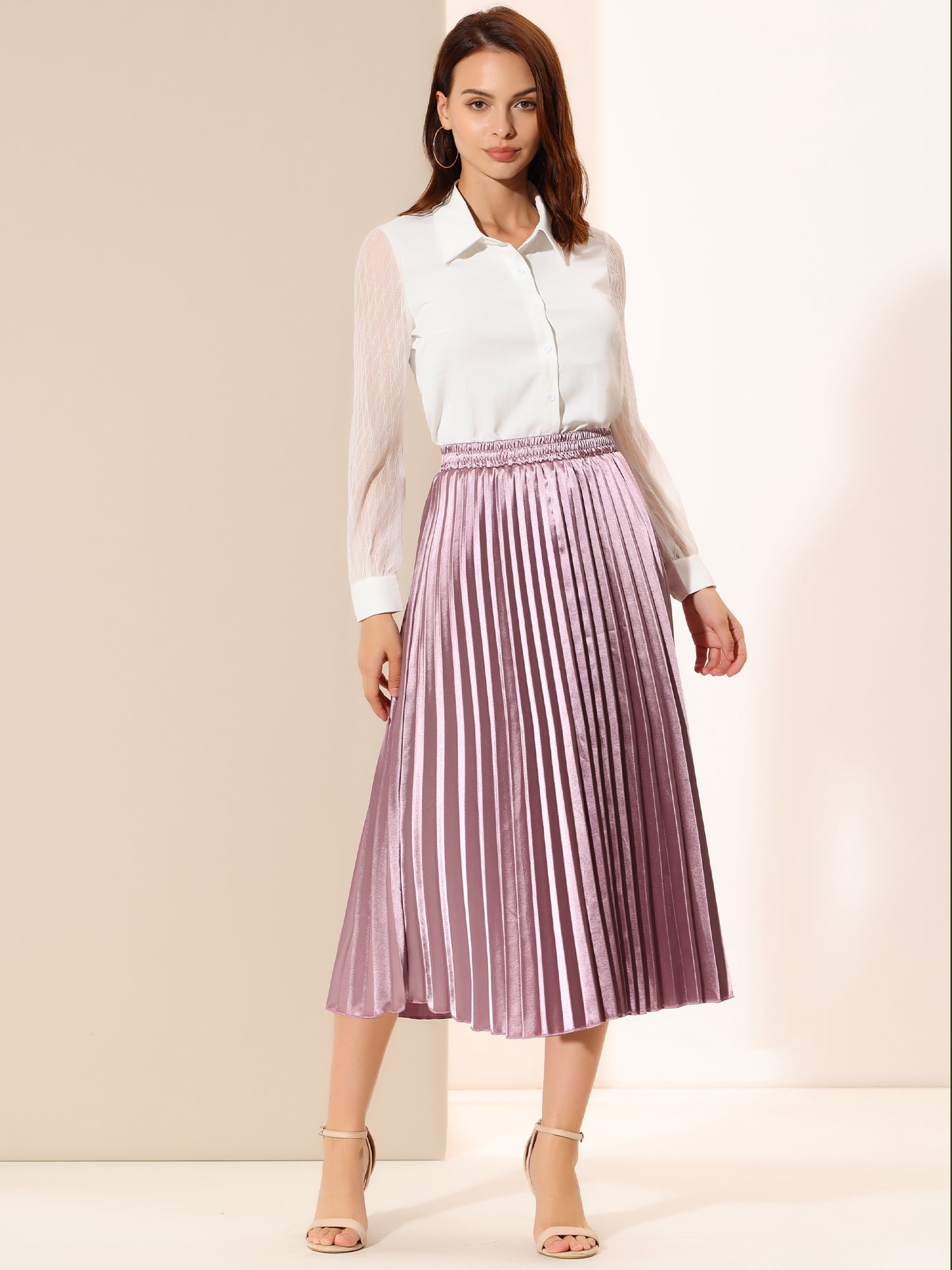 DARING DIVA Women's Midi Length Elastic High Waisted Pleated Skirt 3XL Rose Purple