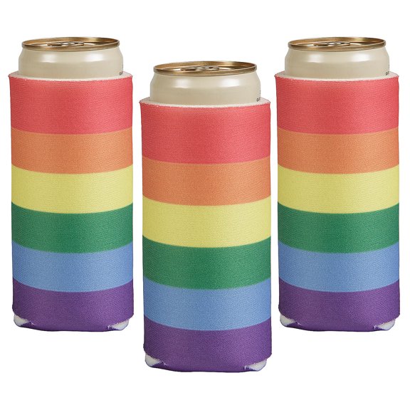 Fun Express 3 1/2" x 6 1/2" Pride Rainbow Party Slim Can Coolers - 12 Pieces