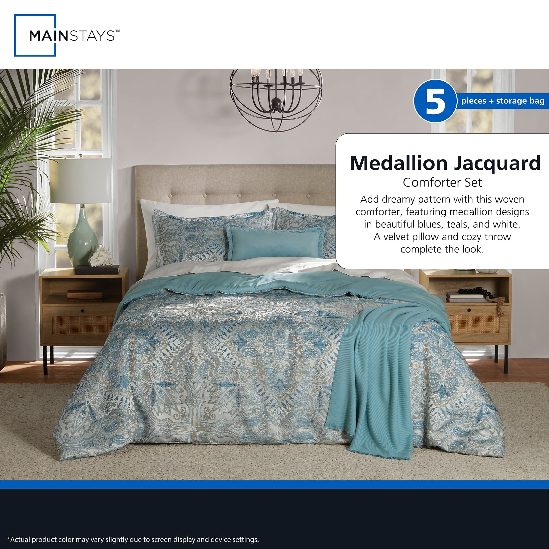 Mainstays Full/Queen Comforter Set, All-Season, 5-Piece, Teal Jacquard Medallion