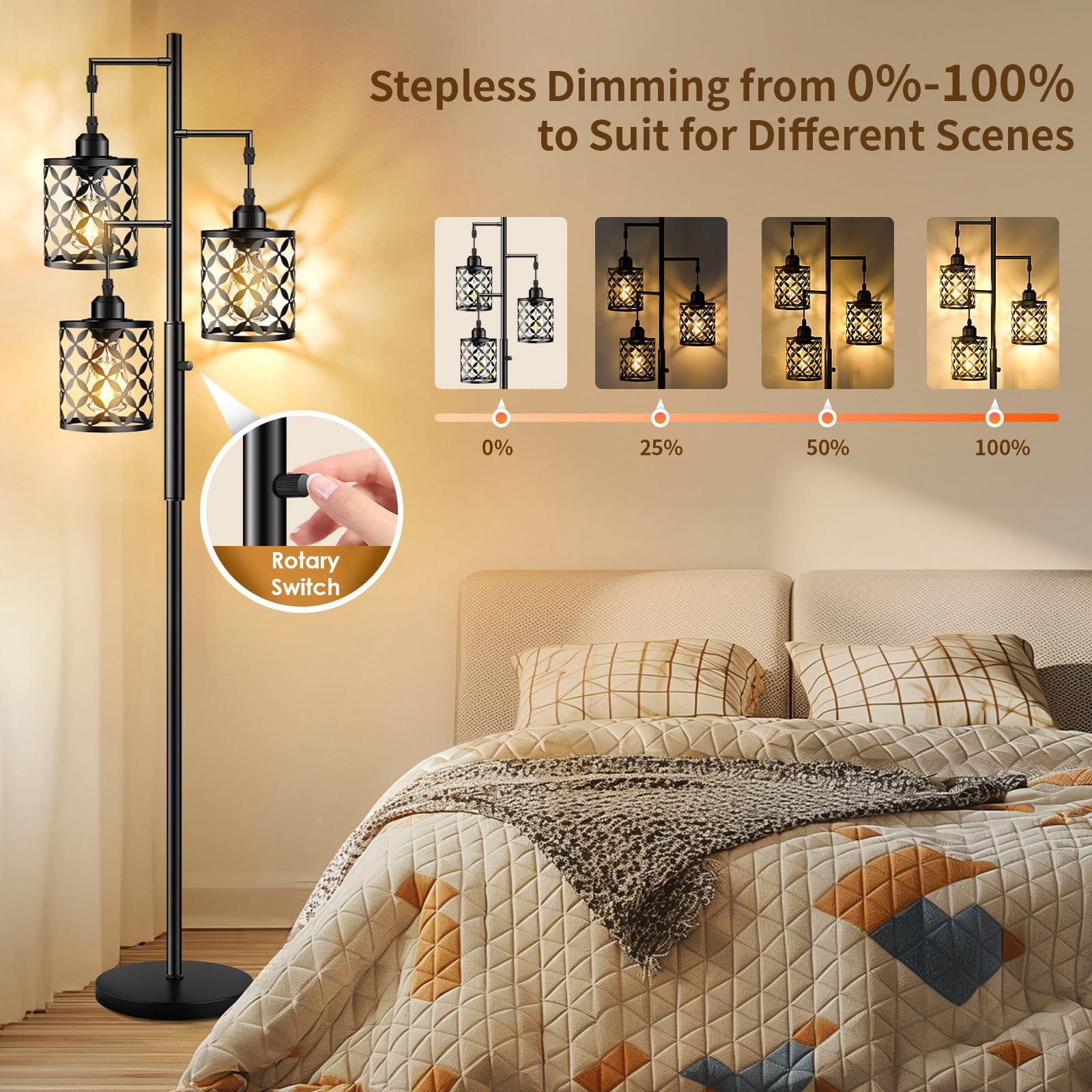 68" Dimmable Floor Lamp  Farmhouse Standing With Elegant Metal Cage Industrial Tall Tree Lamps For Living Room Bedroom Study Office (2000lm Led Bulbs Included) - Black