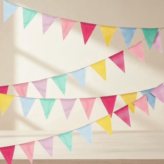Pastel Triangle Pennant Banner Garland, Fabric Bunting Flags for Party Decorations, Wedding, Spring Easter Decor, Reusable Hanging Pennant Banner