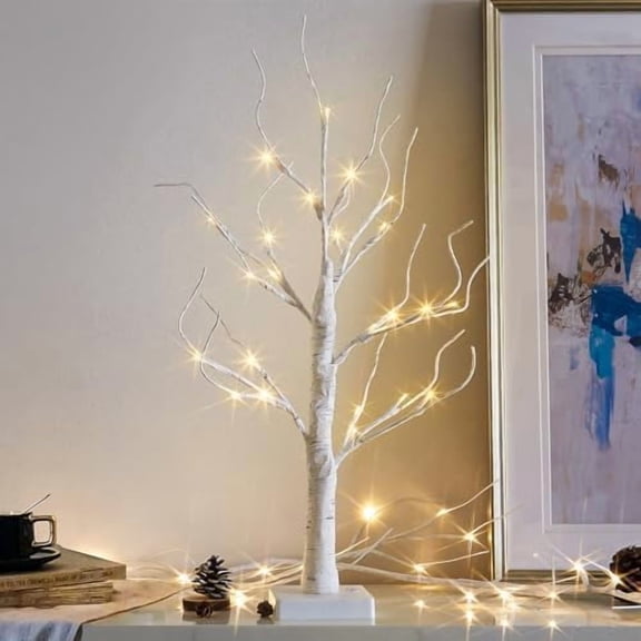 Lighted Tree, White Birch Tree with LED Lights, Prelit Artificial Tree with Timer, Centerpiece Tree Light for Christmas Decorations, Light Up Tabletop Tree Home Decor (2 FT, Warm White)