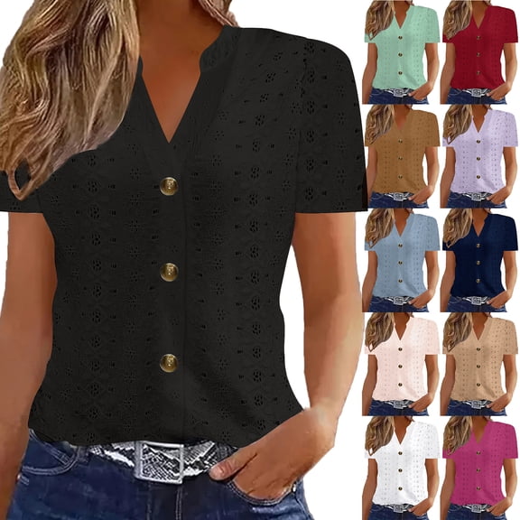 Baikeli Dressy Casual Blouses for Women 2025 Trendy Knitted Tops Hollow Out Short Sleeve Split V Neck Shirt Liquidación Prime Today Navy S