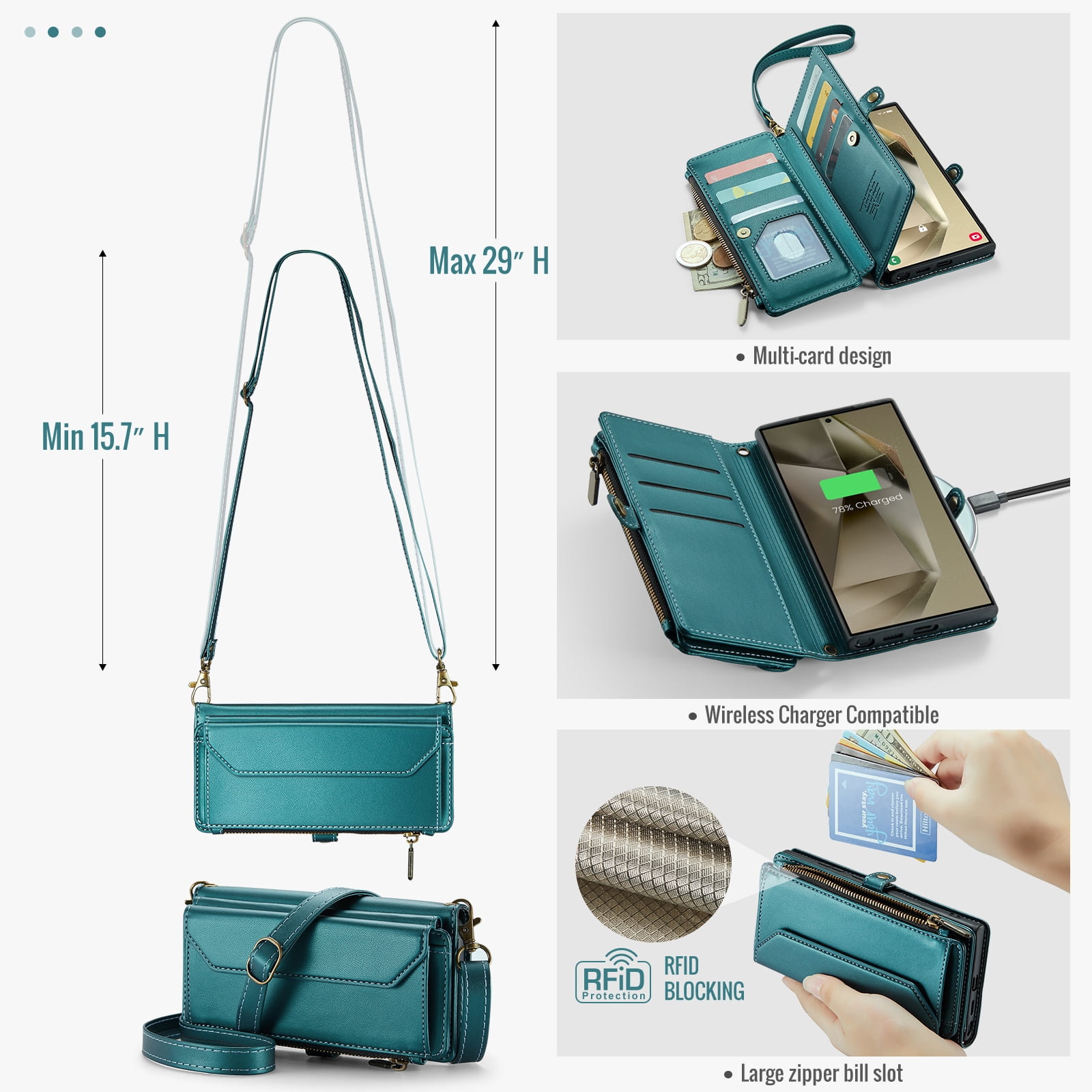Compatible with Samsung Galaxy S24 Ultra 5G Zipper Wallet Phone Case Tempered Glass Screen Protector Crossbody Lanyard Strap Flip Card Holder Slot Cell Cover for S24Ultra 24S S 24 24Ultra Women Green