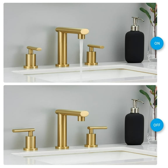 Brushed Gold 3-Hole Low-Arch 8 Inch Widespread Bathroom Faucet, Vanity Sink Faucet with Metal Pop Up Drain Assembly and Water Supply Lines for Lavatory