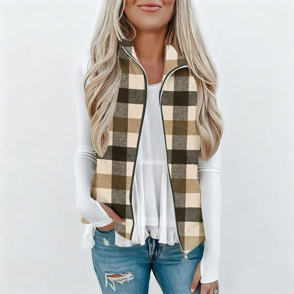 FNFYFH Womens Plaid Vest Cozy Sleeveless Flannels Lightweight Stand Collar Flannel Vests Zipper Waistcoat Outerwear