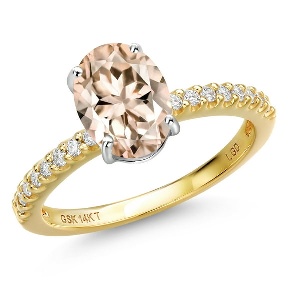 Gem Stone King 14K Two Tone Gold Peach Morganite and Lab Grown Diamond Engagement Ring for Women | 1.76 Cttw | Oval 9X7MM | Gemstone October Birthstone | Size 6