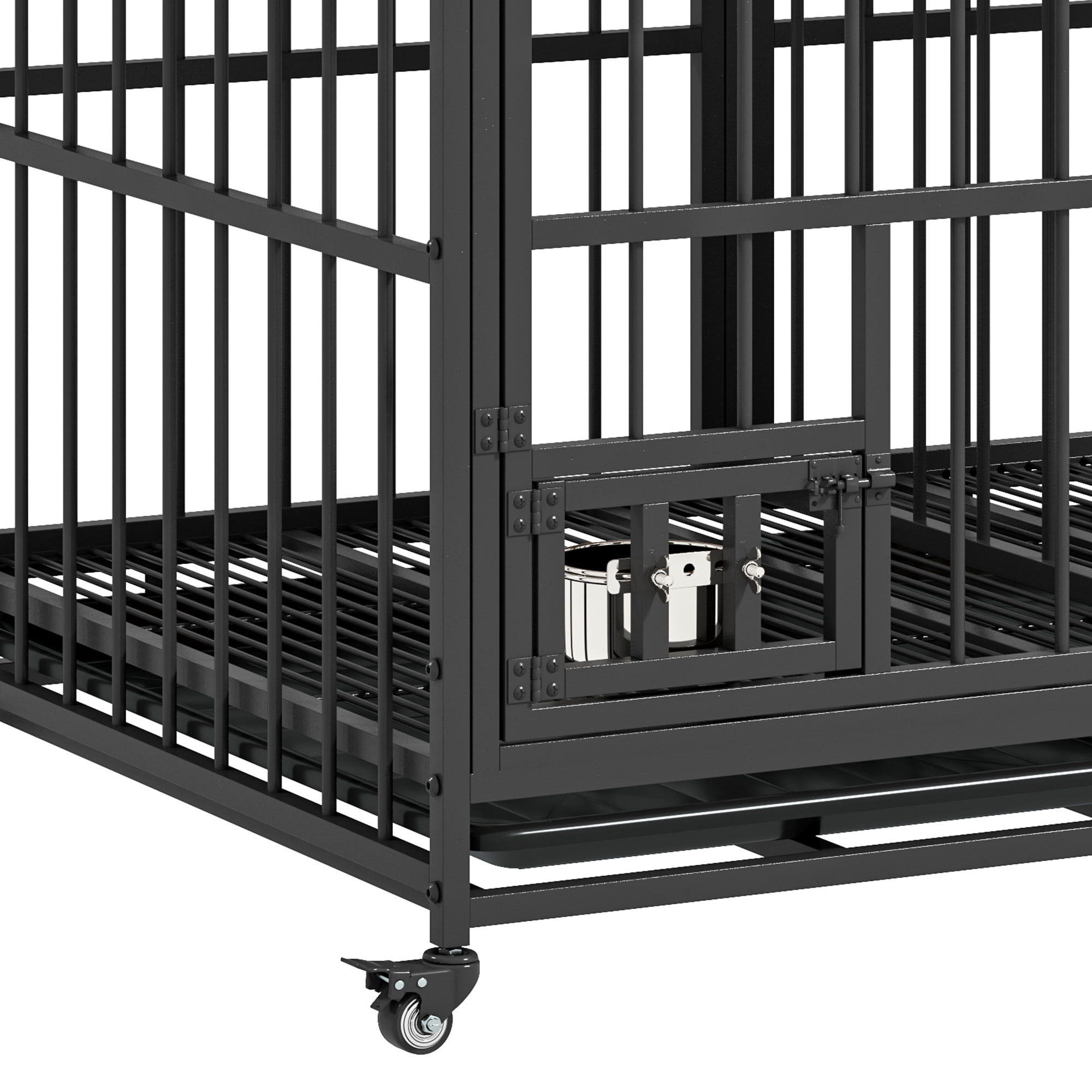 Uforic 47.5" Large Dog Crate Furniture with Double Lockable Doors, Heavy Duty Wooden Dog Kennel with Removable Divider &360° Rotatable Dog Bowls & 360° Wheels & 2 Trays
