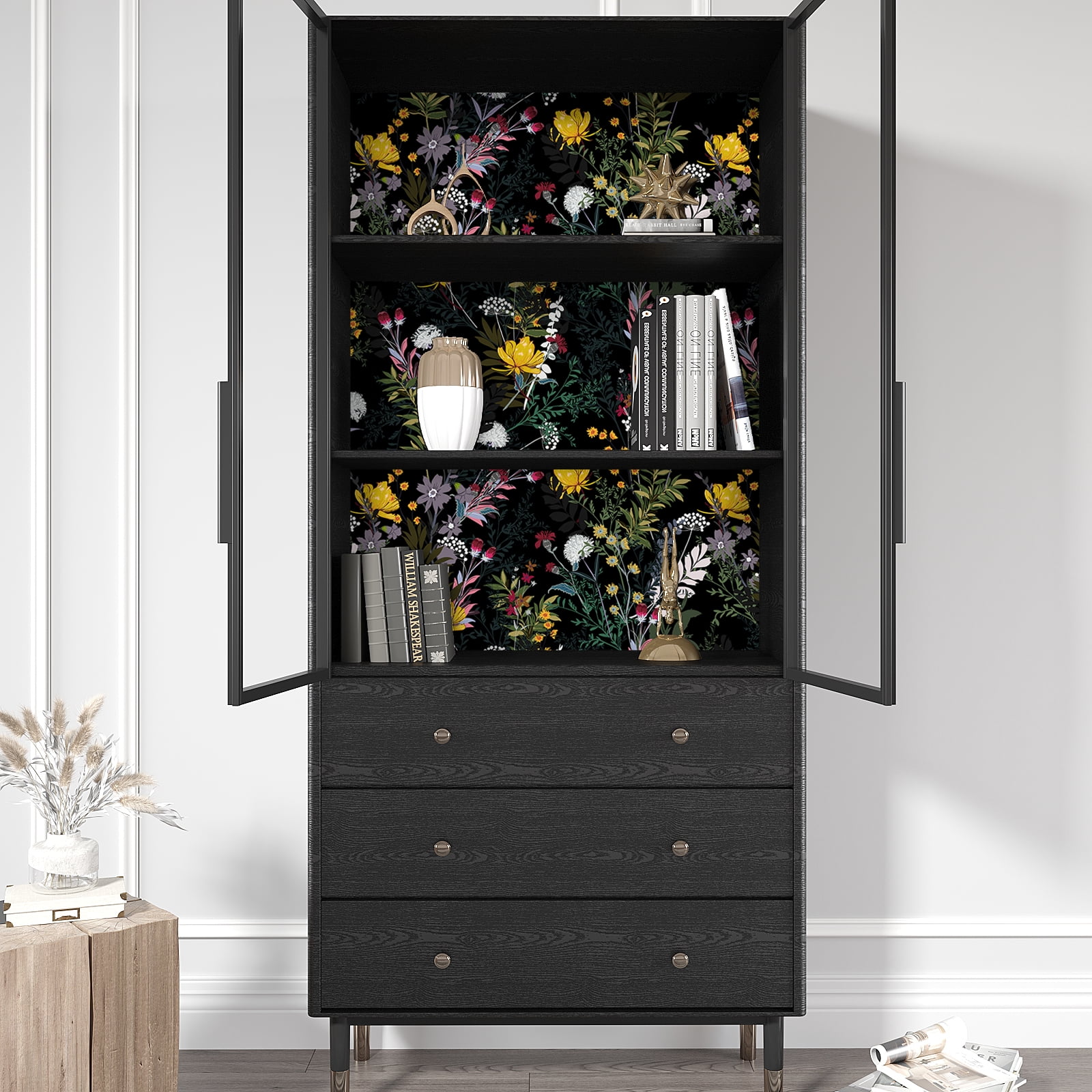 VEELIKE Dark Meadow Flowers Floral Peel and Stick Wallpaper Vintage Floral Wallpaper Mural Prepasted Removable Wallpaper 17.7''x354'' Vinyl Contact Paper Decorative for Bathroom Walls Cabinets Shelves
