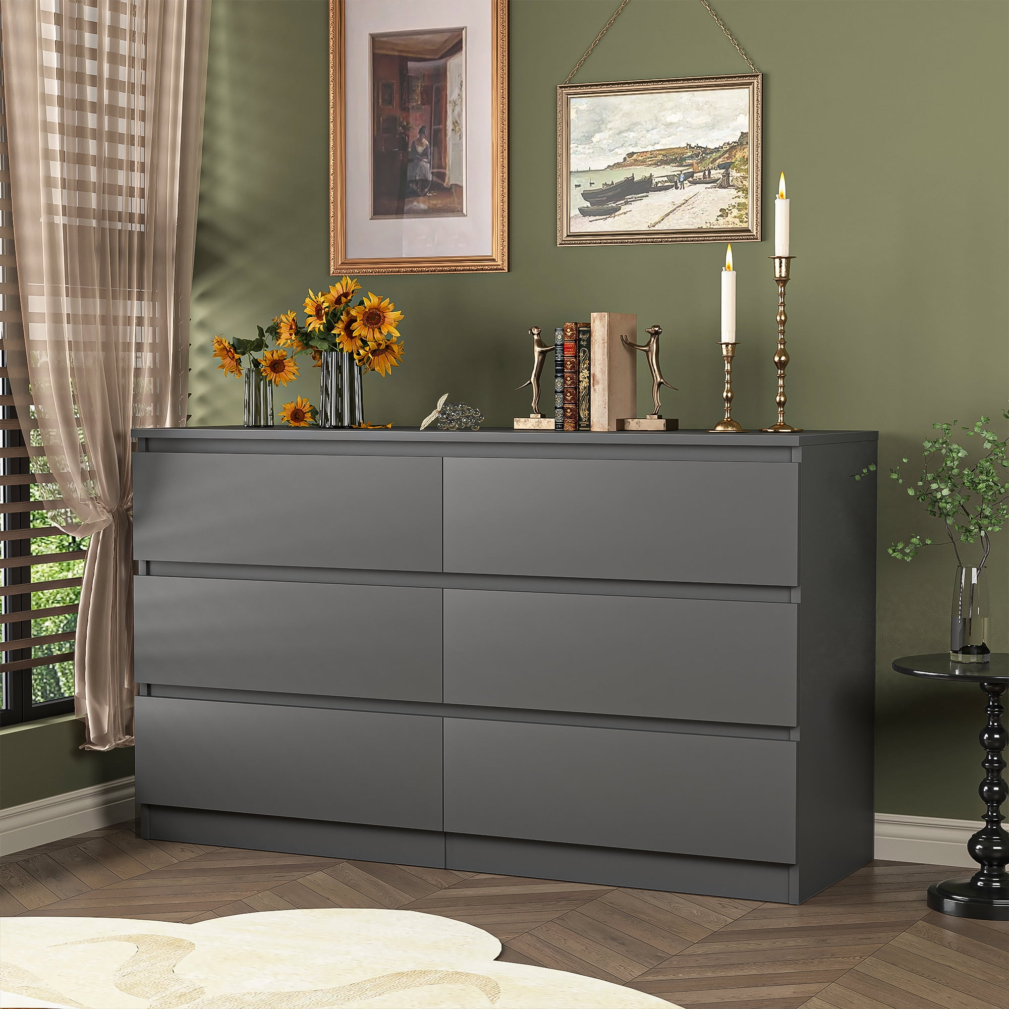 Kepooman Chest of Drawers, Modern 6 Double Drawer Dresser for Bedroom, Gray Storage Cabinet for Living Room, Nursery Dresser