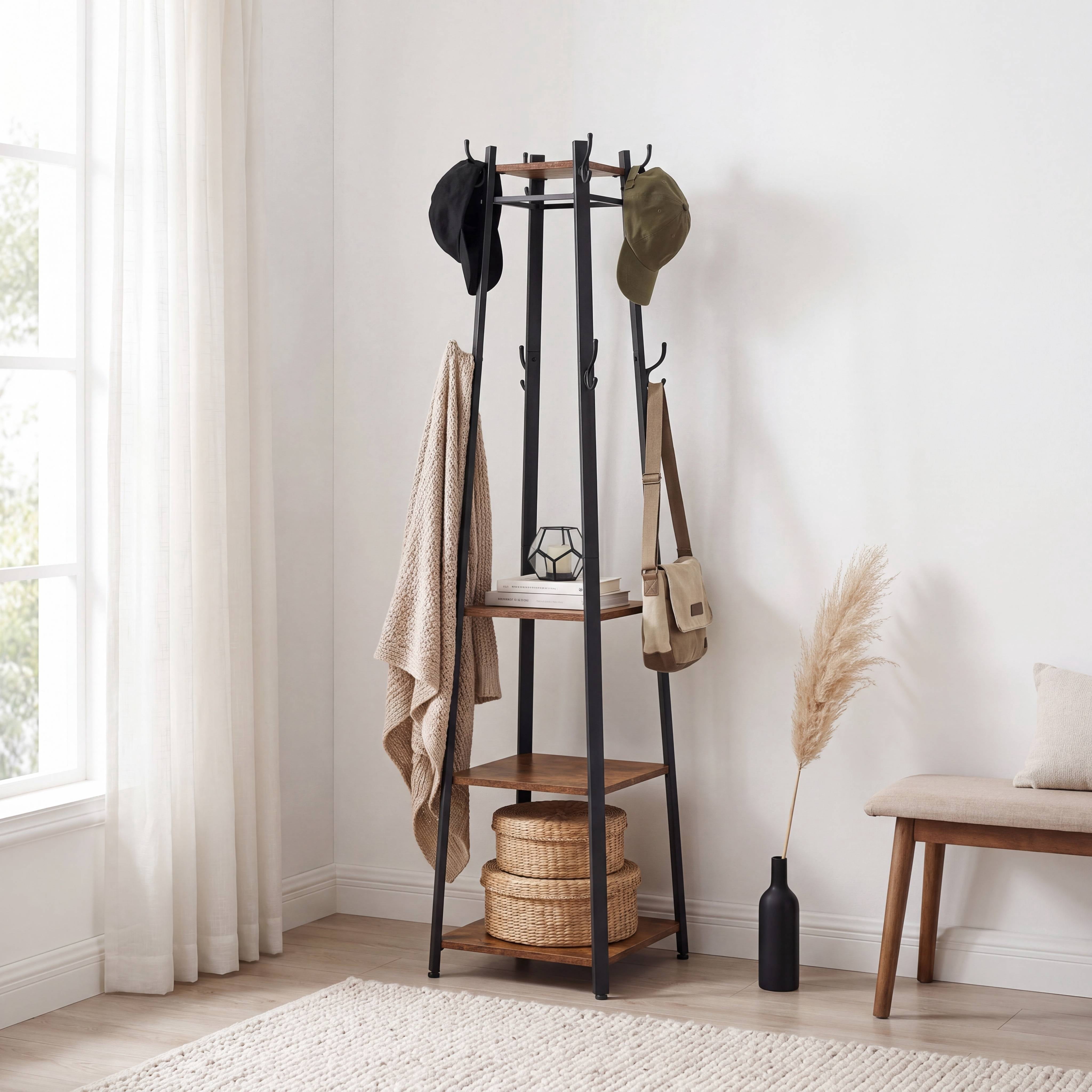 Nordic Hygge 71.5 in. Industrial Coat Rack with 8 Hooks and 3-Tier Storage Shelves, Rustic Brown and Black