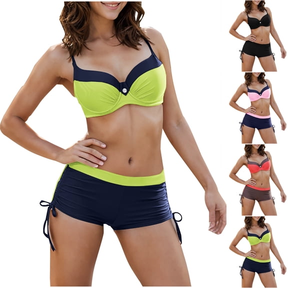 Pincandy Women Fashion Two Piece Bikini Set with Boyshorts Wireless Padded Solid Sporty Bathing Suit for Beach Pool Party Leisure Wear