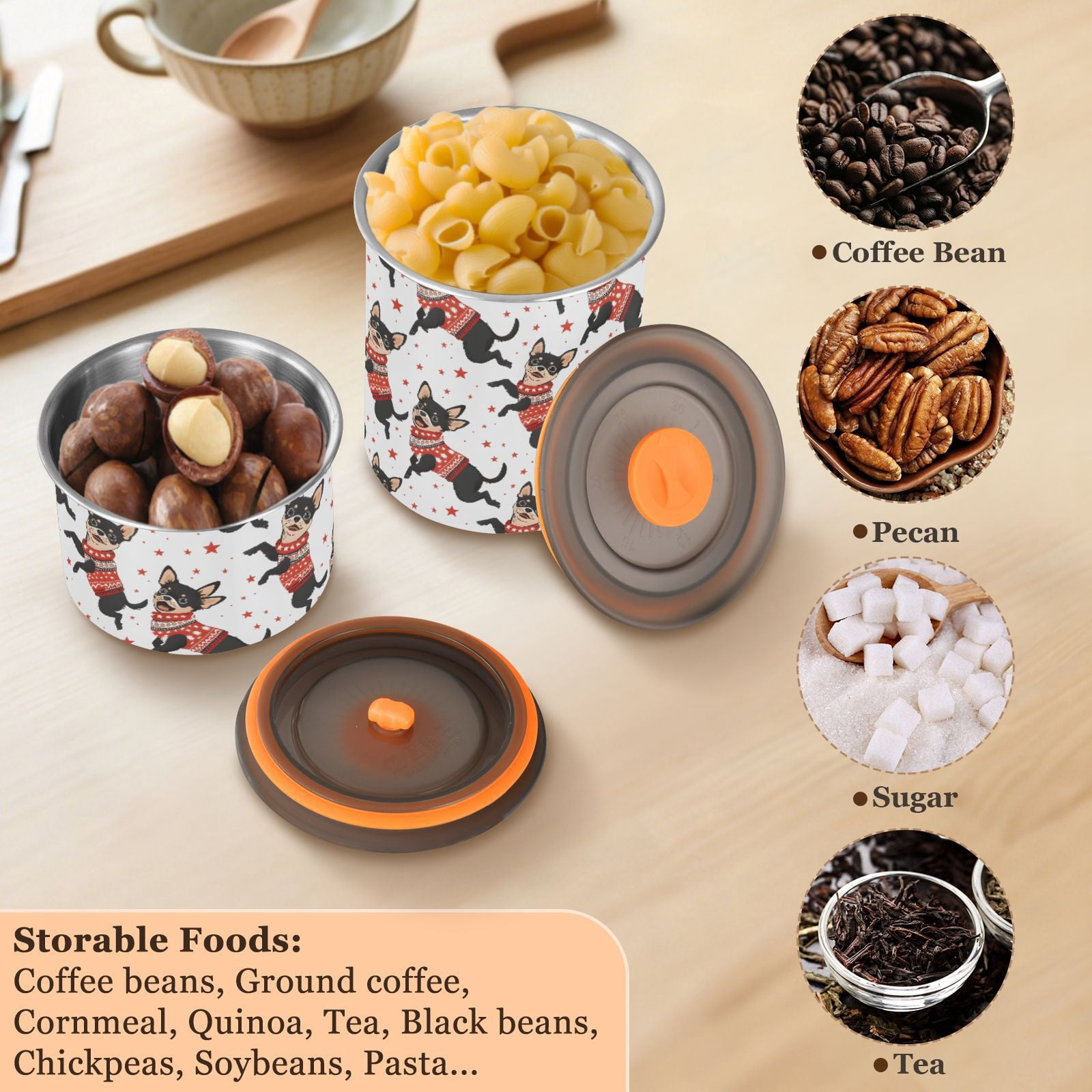 Cute Dog Puppy Chihuahua Airtight Coffee Bean Canister 30oz Food Storage Containers with Lids For Gournd, Tea, Sugar, Flour, Rice, Cereal, Candy Cookie Jar
