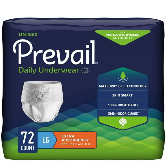 Prevail Unisex Pull On Daily Underwear Case, Large, Extra Absorbency 72 Count