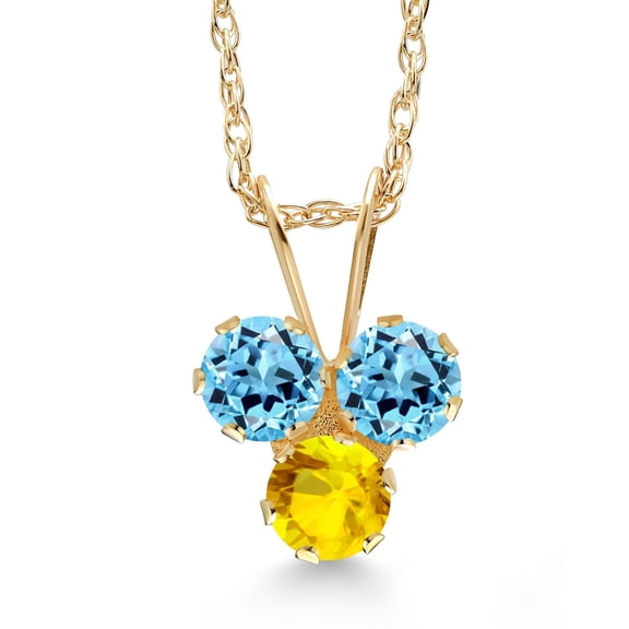 Gem Stone King 14K Yellow Gold Swiss Blue Topaz and Yellow Sapphire 3-Stone Pendant Necklace for Women (0.43 Cttw, Gemstone November Birthstone, Round 3MM, 18 inch Chain)
