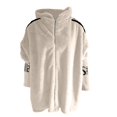 thumbnail image 4 of Women's Stand Collar Baseball Jacket, Double Faced Plush Coat, Soft Faux Fur Lined Outerwear, Loose Fit Warm Winter Coat, Sporty Stripe Sleeve Design, Casual Luxury Style Beige L, 4 of 4