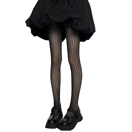 

Women Dark Goth Black Fishnet Pantyhose Harajuku Hollow Out Geometric Texture Sheer Tights Scalloped Pattern Mesh Stockings Streetwear