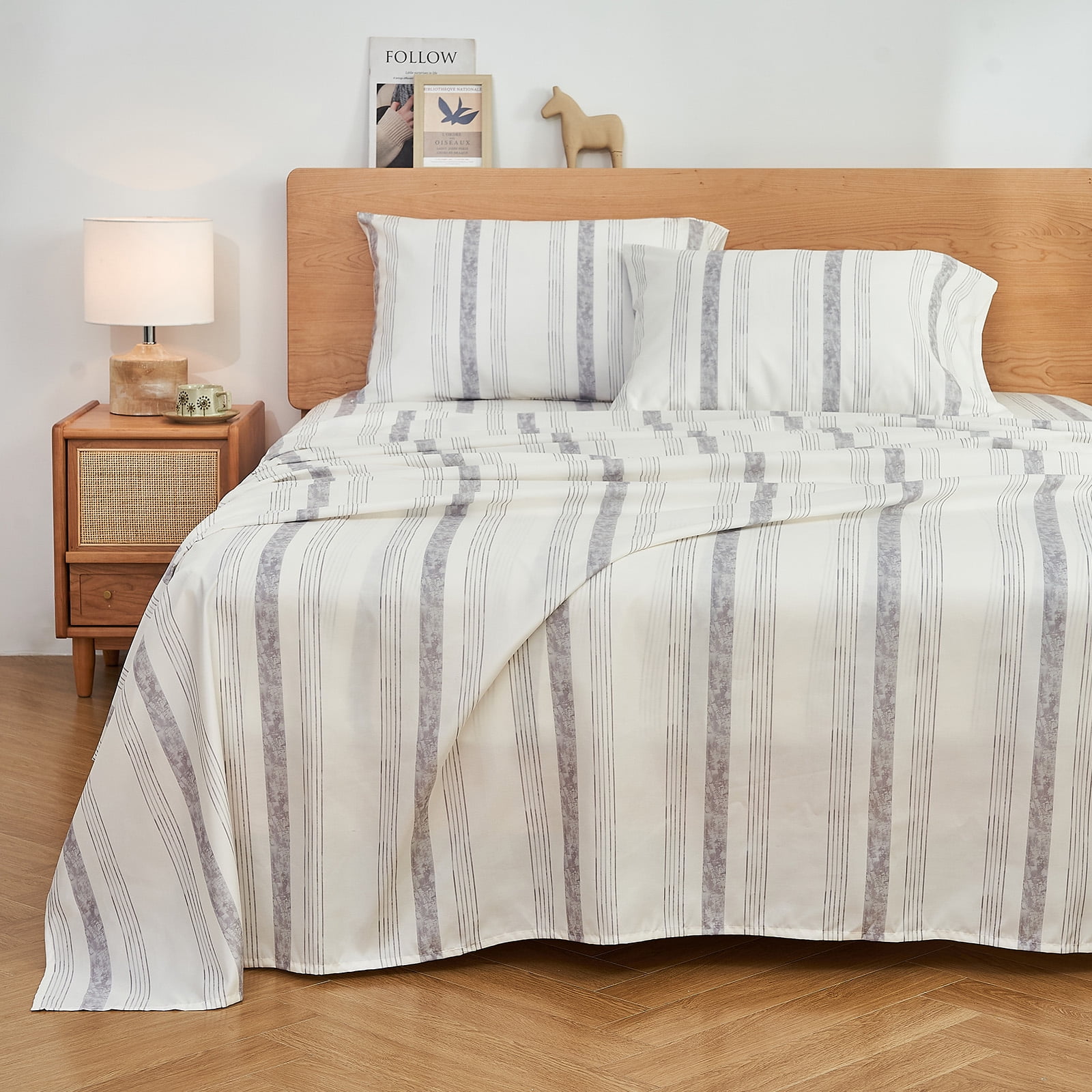 Gogreen Gray Striped Queen sheet set with Deep Pocket Fitted Sheet Set, Breathable Microfiber Printed Bedsheets