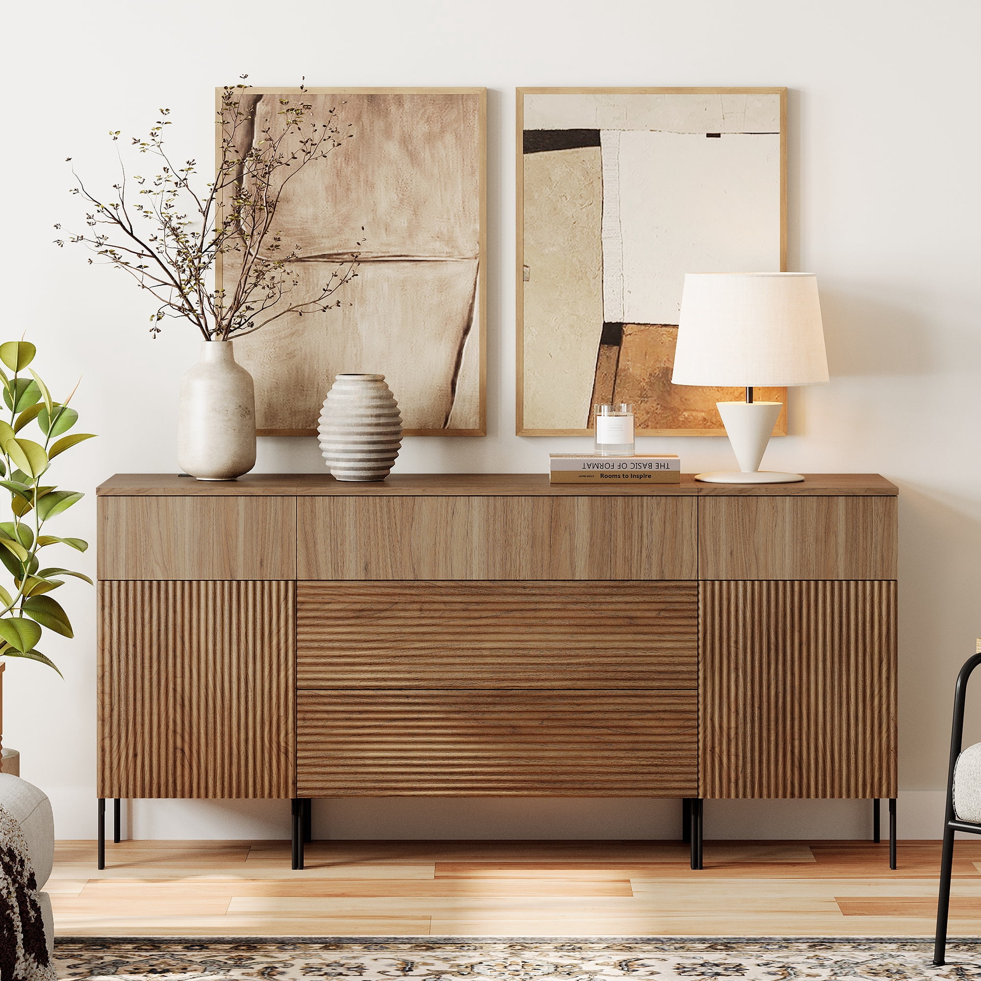 63" Reeded Accent Cabinet Set with Doors and Drawers, Modern Credenza Storage Cabinet with Charging Station for Living Room, Kitchen, Dining Room, Hallway