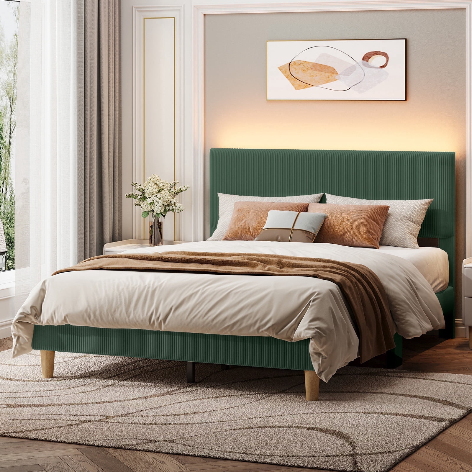 Bestier Corduroy Upholstered queen Bed Frame with Adjustable Headboard, Platform Bed Frame with LED Light, Solid Wood Slats, No Box Spring Needed, Green