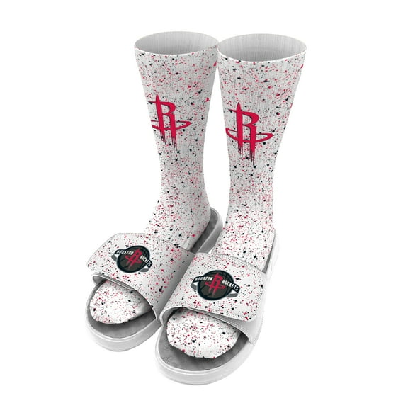 Men's ISlide White Houston Rockets Team Logo Speckle Socks & Slide Sandals Bundle