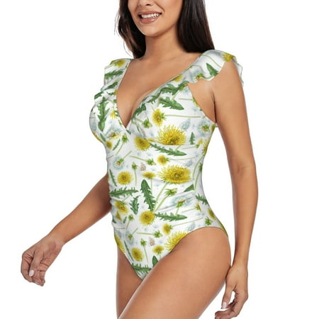 KLL Yellow Dandelions for Women s Ruffled One Piece Swimsuit Tummy Control Bathing Suit V Neck Swimwear