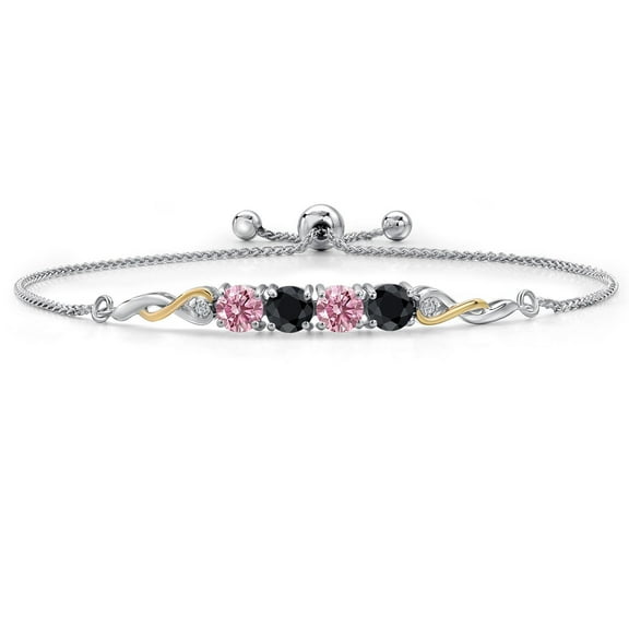 Gem Stone King 925 Silver and 10K Yellow Gold Pink Lab Grown Diamond and Black Sapphire Bracelet for Women | 2.40 Cttw | Gemstone April Birthstone | Round 5MM | Fully Adjustable 9 inch