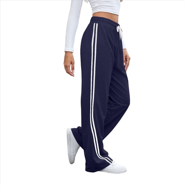 Pantalones Deportivos de Pierna para Mujer, Informales, de Cintura Alta, Rectos, con Cordón y Bolsillos Azul Marino M