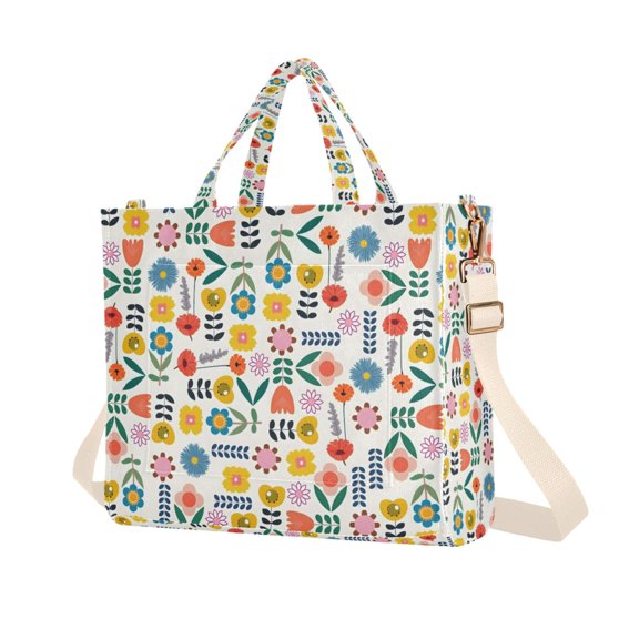 FORMRS Womens Corduroy Tote Bag Crossbody Shoulder Purse Handbag with Detachable Strap, Colorful Cartoon Flowers