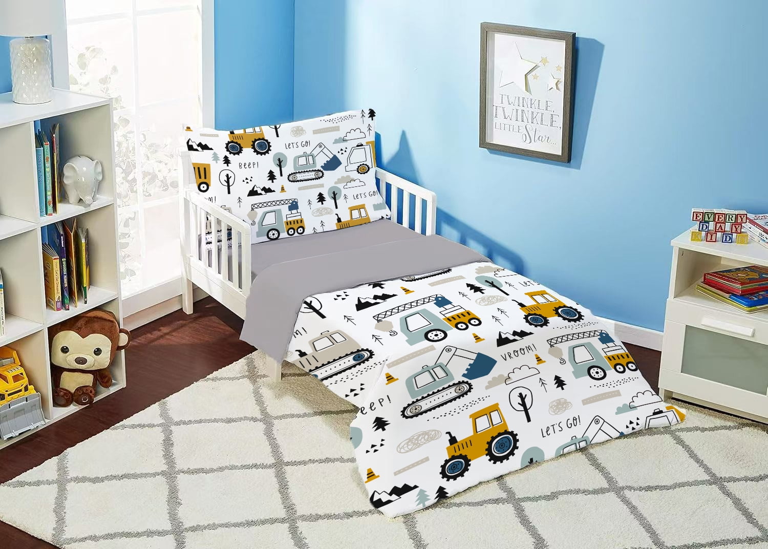 Toddler Bedding Sets for Baby Boys Girls Kids Construction Toddler Crib Comforter Set Flat Sheet Fitted Sheet and Pillowcase 4 Pieces White Truck Vehicles Excavator Cars