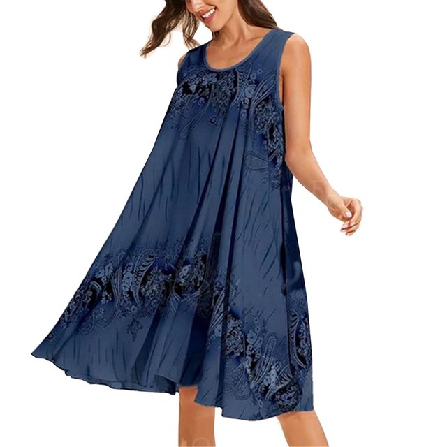 TopLLC Robes d'Été pour Femmes 2022, Robe Bohème Décontractée Tendance, Robe Midi à Fleurs à Col Rond pour Dames Grande Taille, Robe Débardeur de Plage Ample