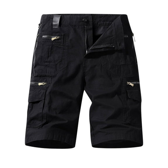 HOOMEUMY Men's Summer Cargo Shorts Cotton Loose Fit Multi-Pocket Zip Straight Short Pants Straight Baggy Cargo Shorts for Men Black 12