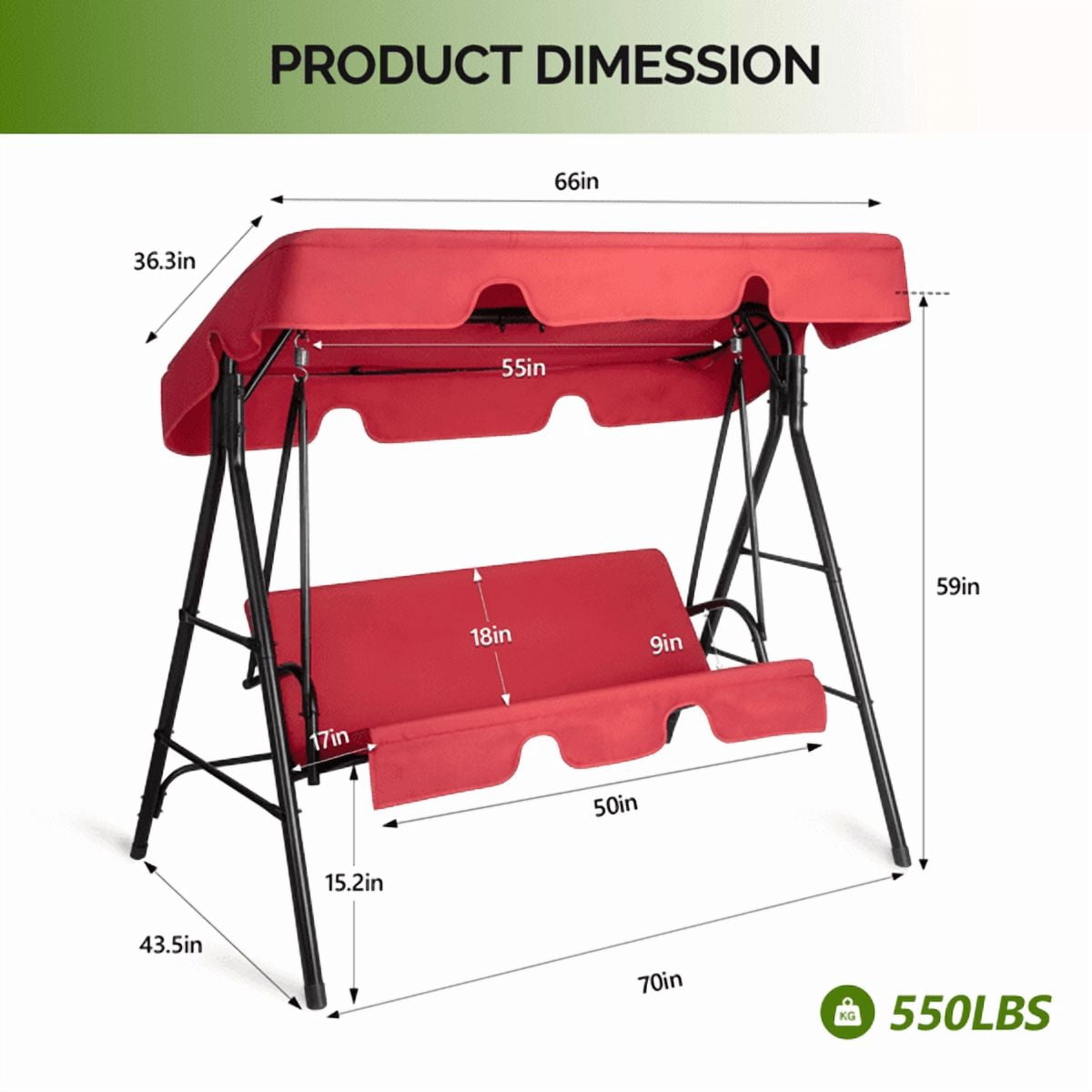 Alvantor 2-Seat Porch Swing with Canopy, Outdoor Patio Swing Chair with Cushion and Steel Frame for Backyard Garden Balcony