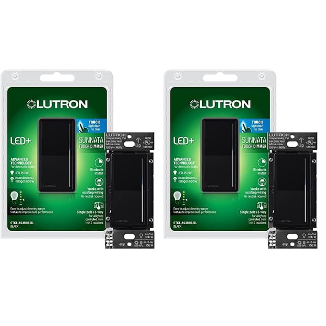 Interruptor regulador Lutron Sunnata Touch LED+ 150 W/600 W negro, paquete de 2