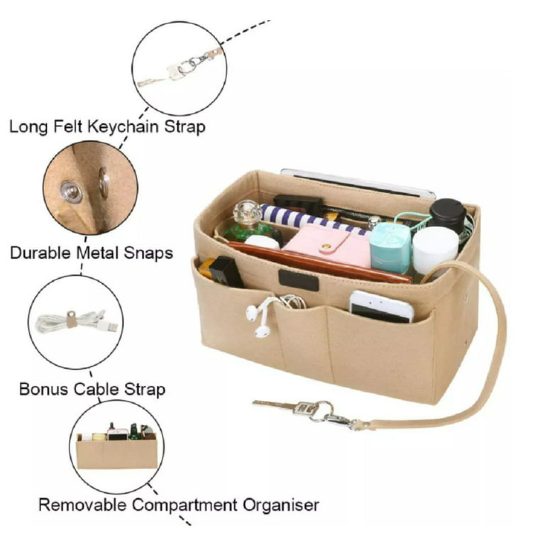 Purse Organizer Insert with Zipper Felt Bag Organizer Handbag Organizer  Insert Bag In Bag Organizer with Key Chain for Tote Fits LV Speedy  Neverfull Longchamp 12.60X5.90X6.70 Inches 