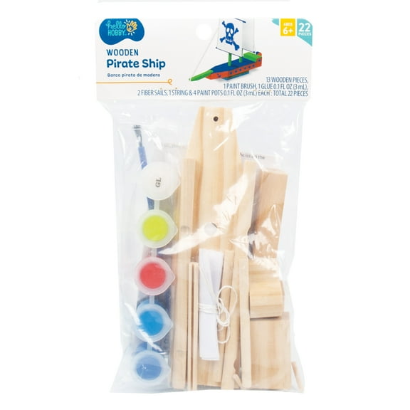Hello Hobby Build Your Own Wooden Pirate Ship, 22 Pieces, Art & Craft Kit, Boys and Girls, Child, Ages 6
