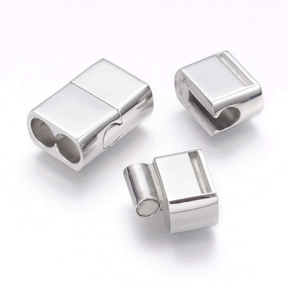 10sets Resistant 304 Stainless Steel Magnetic Clasps with Glue-in Ends Rectangle Stainless Steel color 19.5x15x8.5mm Hole: 6mm