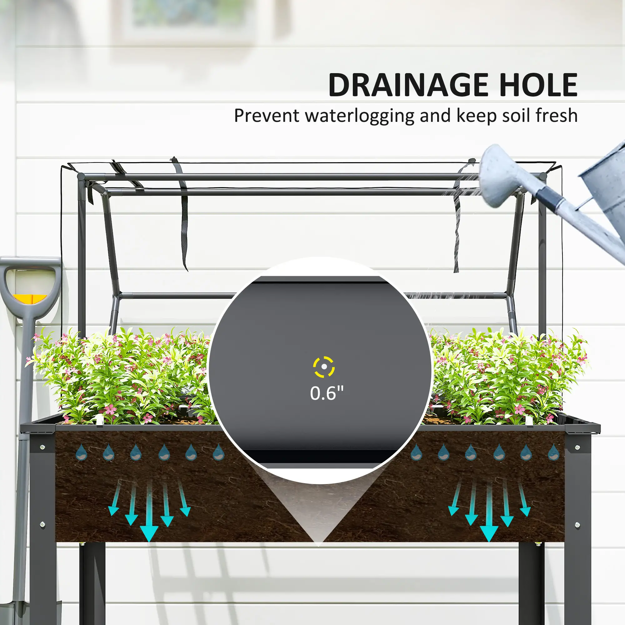 2-in-1 Elevated Raised Planter Box with Grow House, Metal & Steel Frame, Door with Straps, Drainage Hole, 110 lbs Capacity for Outdoor Plants Vegetables Herbs