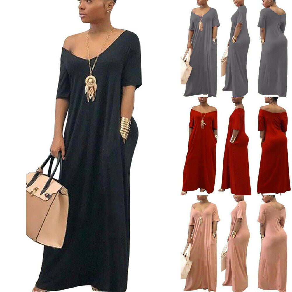 BYWX Women Loose Fit Deep V Neck Pleated 1/2 Sleeve High Low Solid Maxi Dress